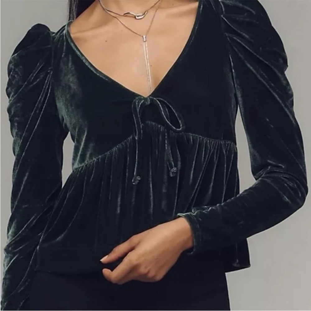 Anthropologie Maeve Velvet Babydoll Top Dark Green Blouse Tie Front XS NWT - Picture 7 of 14